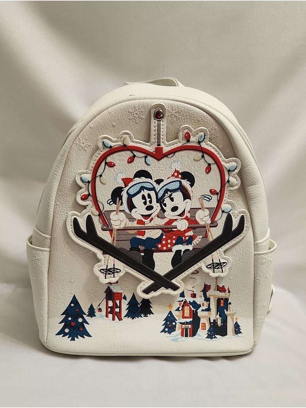 Disney Parks Loungefly Mickey Minnie Ski Lodge Holiday White Backpack
